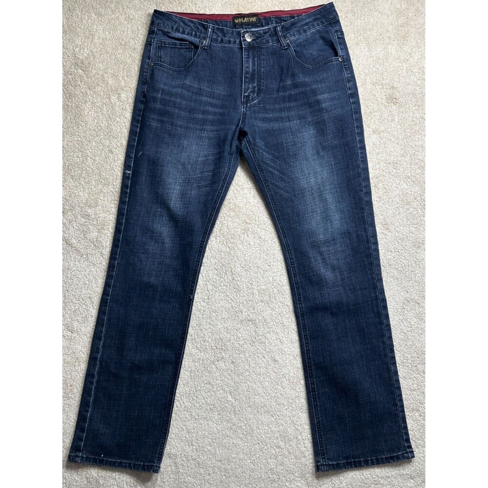Platini Jeans Men's Sz 36x32 Blue Faded Whisker Studded Back Label Stretch EUC!